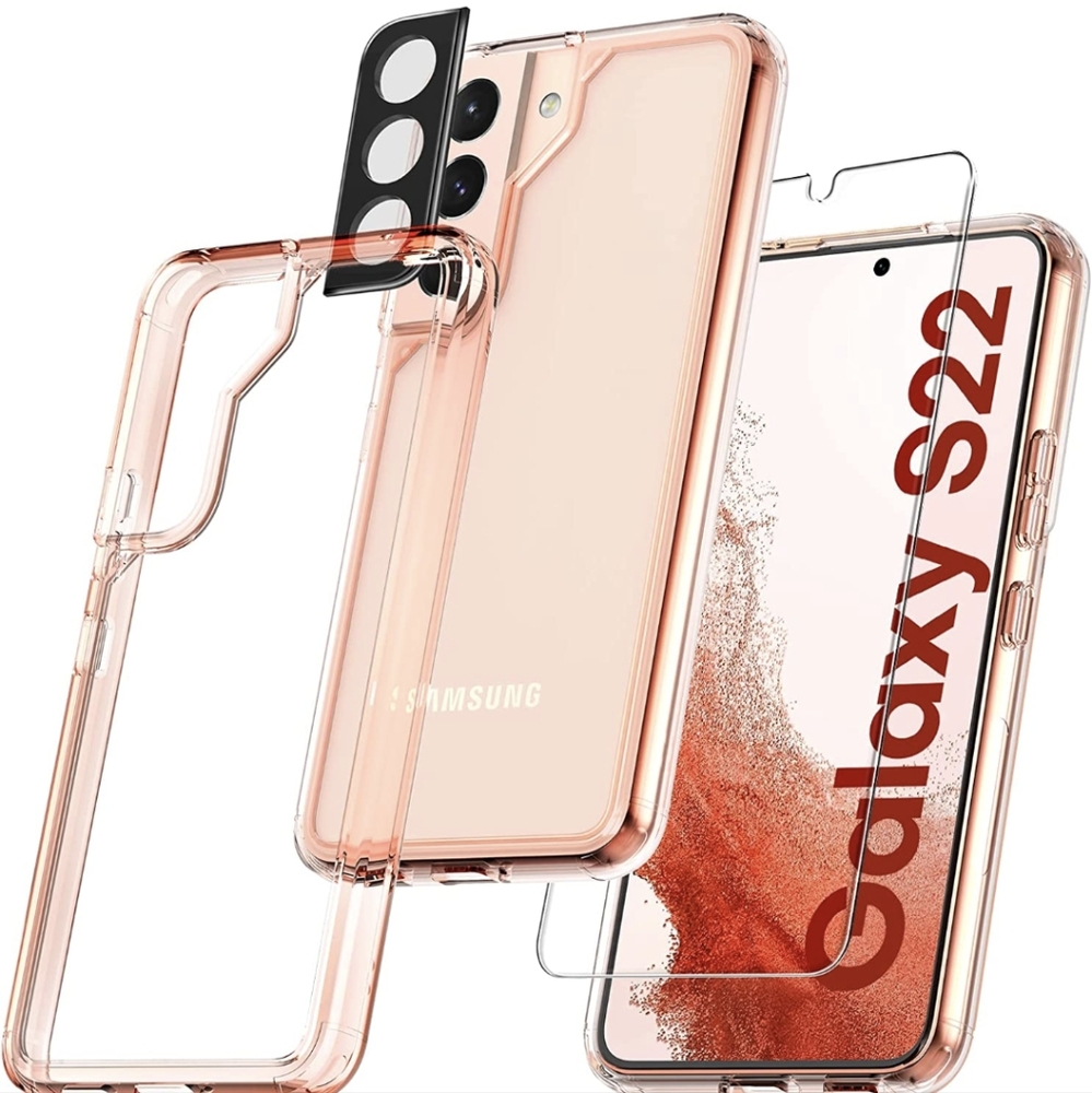 Samsung S22: Rose Gold Shockproof Phone Case + 2 Screen Protectors + 2 Lens...